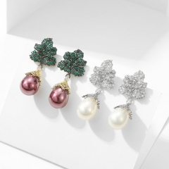 Wholesale Elegant Light Luxury Zircon Set Leaf Drop Pearl Earrings