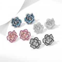 Wholesale Light Luxury Roses S925 Silver Pin Zircon Set Stereoscopic Camellia Earrings