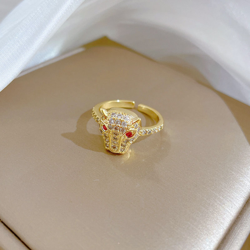 Wholesale Real Gold Full Diamond Leopard Head Zircon Open Adjustable Ring