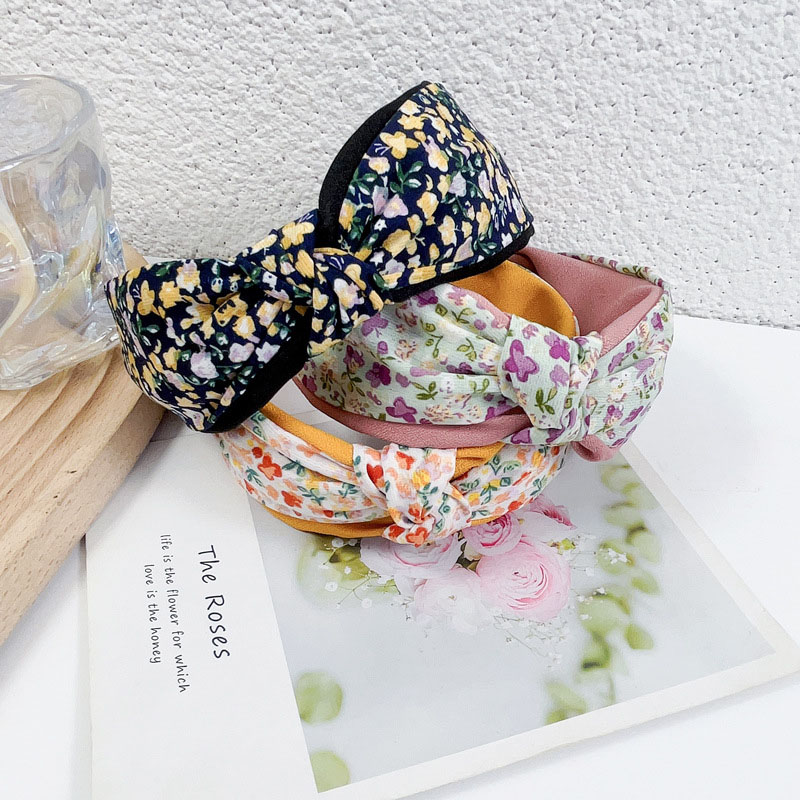Wholesale Small Floral Colour Blocking Fabric Double Knotted Hair Band