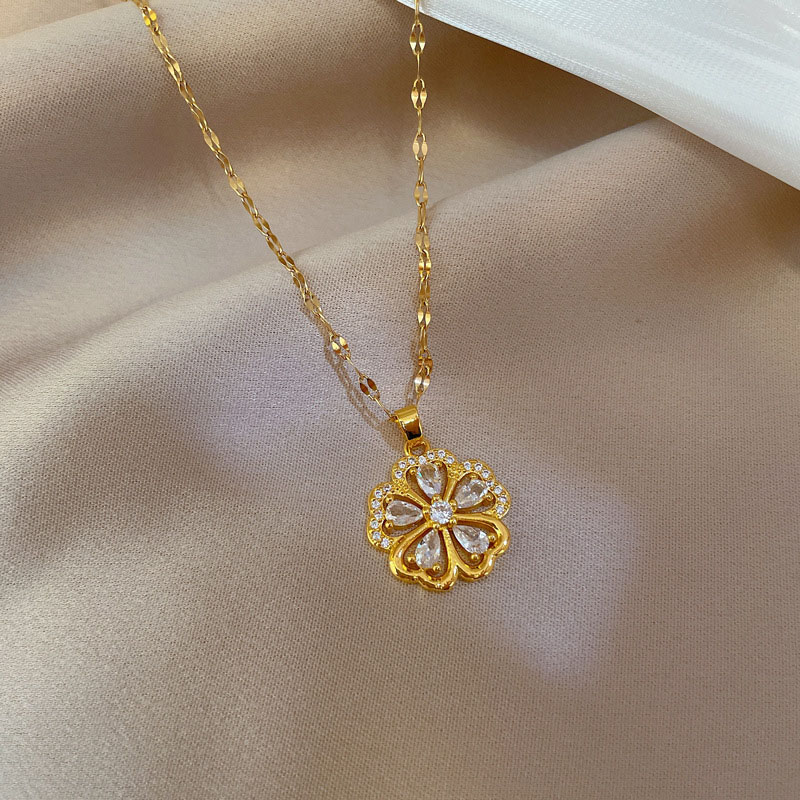 Wholesale Titanium Steel Full Diamond Floral Luxury Party Necklace Clasp Chain