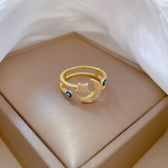 Wholesale Real Gold Plated Opening Stars And Moon Fashion Micro Pave Light Luxury Ring