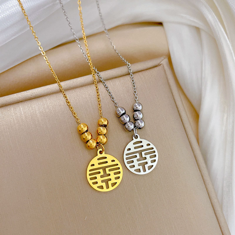 Wholesale Titanium Steel Round Beads Double Happiness Simple Pendant Clasp Chain Necklace