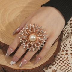 Wholesale Elegant Delicate Diamond Set Pearl Floral Hollow Out Open Ring