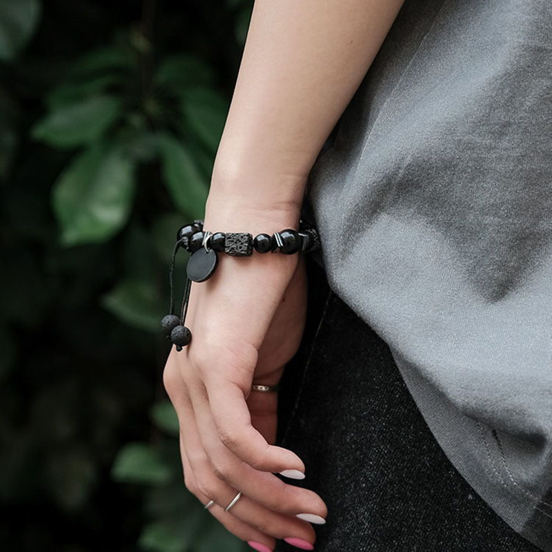 Wholesale Jewelry Lava Cube Volcanic Stone Braided Matte Black Glass Beads Adjustable Bracelet