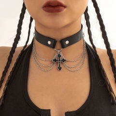 Wholesale Jewelry Sweet Cool Lolita Pu Metal Chocker Necklace Cross Collarbone Chain