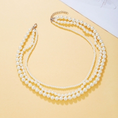 Wholesale Jewelry Stacked Triple Pearl Vintage Collarbone Chain Necklace