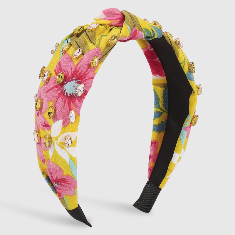 Wholesale Artistic Retro Fabric Printing Color Ethnic Style Light Luxury Rhinestone Knot Head Hoop