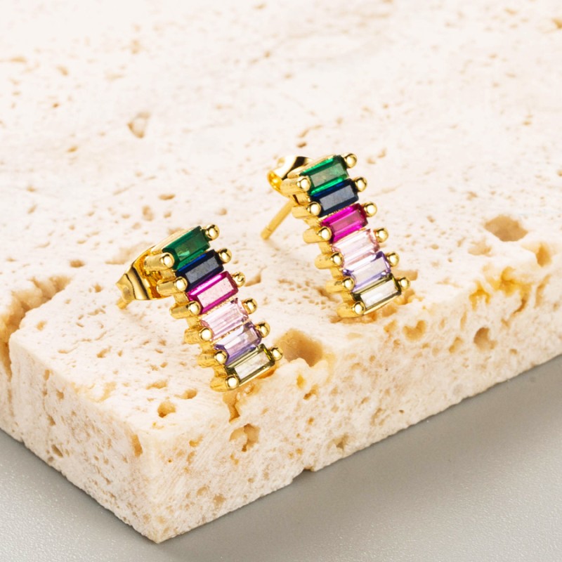 Wholesale Rainbow Brass Set Color Zircon Geometry 18K Gold Earrings