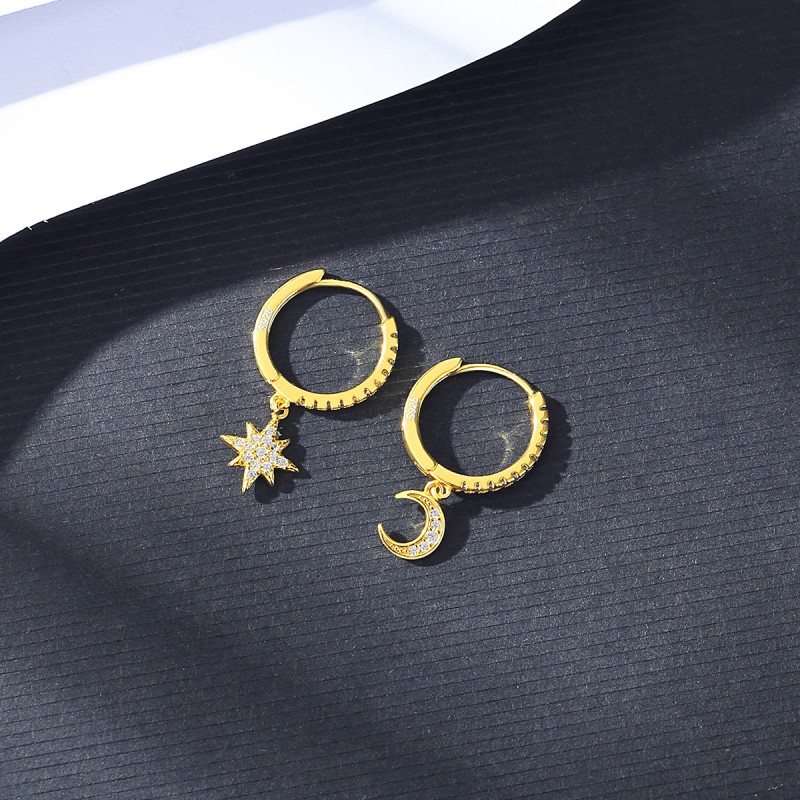 Wholesale 925 Sterling Silver Asymmetric Star-moon Zircon Earrings