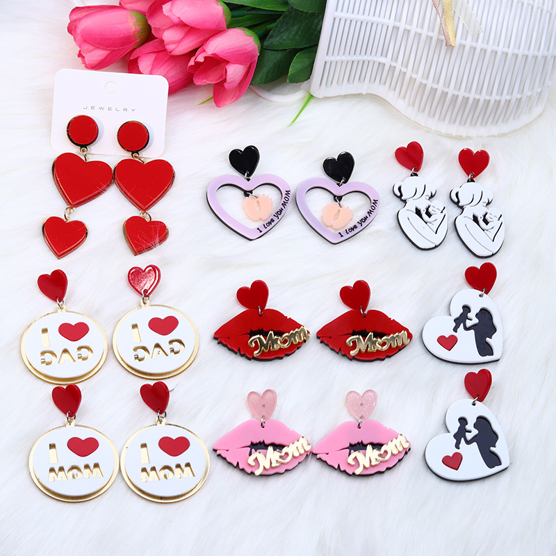 Wholesale Mother's Day Acrylic Stitching Peach Heart Double Layer Mom Earrings