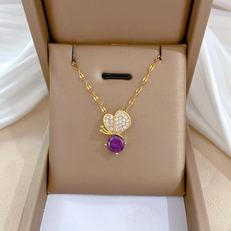Wholesale Titanium Steel Purple Butterfly Full Diamond Luxury Banquet Pendant Necklace