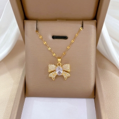Wholesale Titanium Steel Butterfly Palace Style Full Diamond Inlay Luxury Necklace