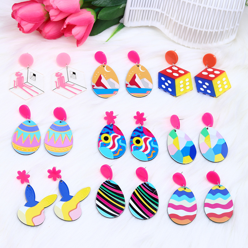 Wholesale Acrylic Printed Egg Dice Fashion Contrast Color Rabbit Earrings