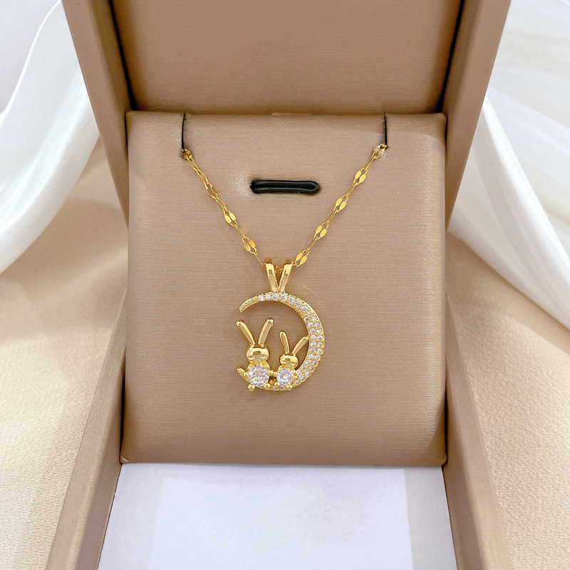 Wholesale Titanium Steel Moon Rabbit Court Style Full Diamond Inlay Luxury Necklace