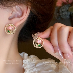 Wholesale Diamond Pearl Tulip Flower Circle Earrings