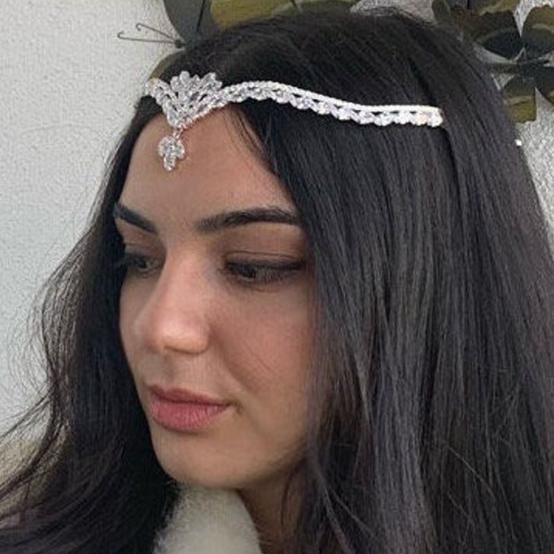 Diadema De Cadena De Frente De Hoja De Diamante De Moda Nupcial De Circón De Lujo Al Por Mayor