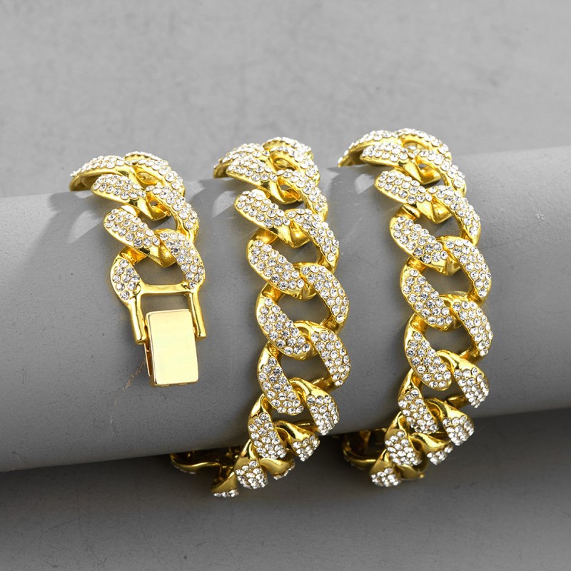 Wholesale Full Diamond Hip Hop Personality Street Cool 17mm Alloy Rhinestone Bracelet Necklace Cuban Chain