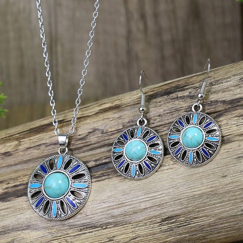 Wholesale Bohemian Drop Oil Round Flower Turquoise Vintage Earrings Necklace Jewelry Set