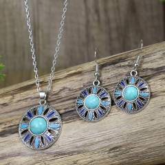 Wholesale Bohemian Drop Oil Round Flower Turquoise Vintage Earrings Necklace Jewelry Set