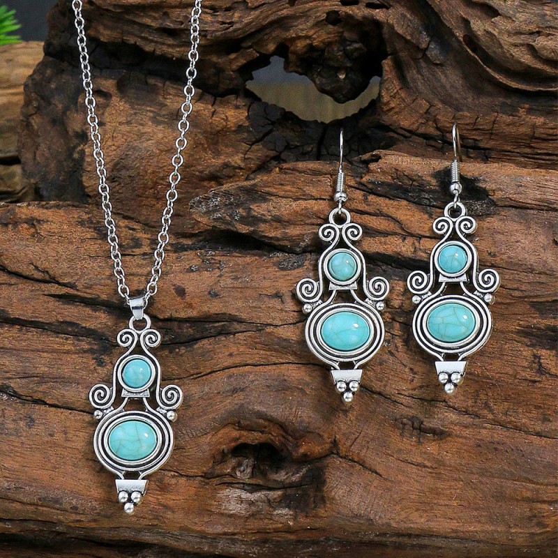 Wholesale Simple Turquoise Pendant Necklace Earrings Jewelry Set