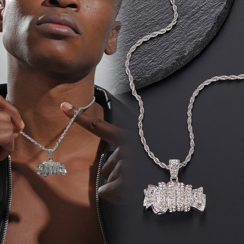 Wholesale Versatile Personalized Alloy Full Diamond Dollar Bill Pendant Necklace