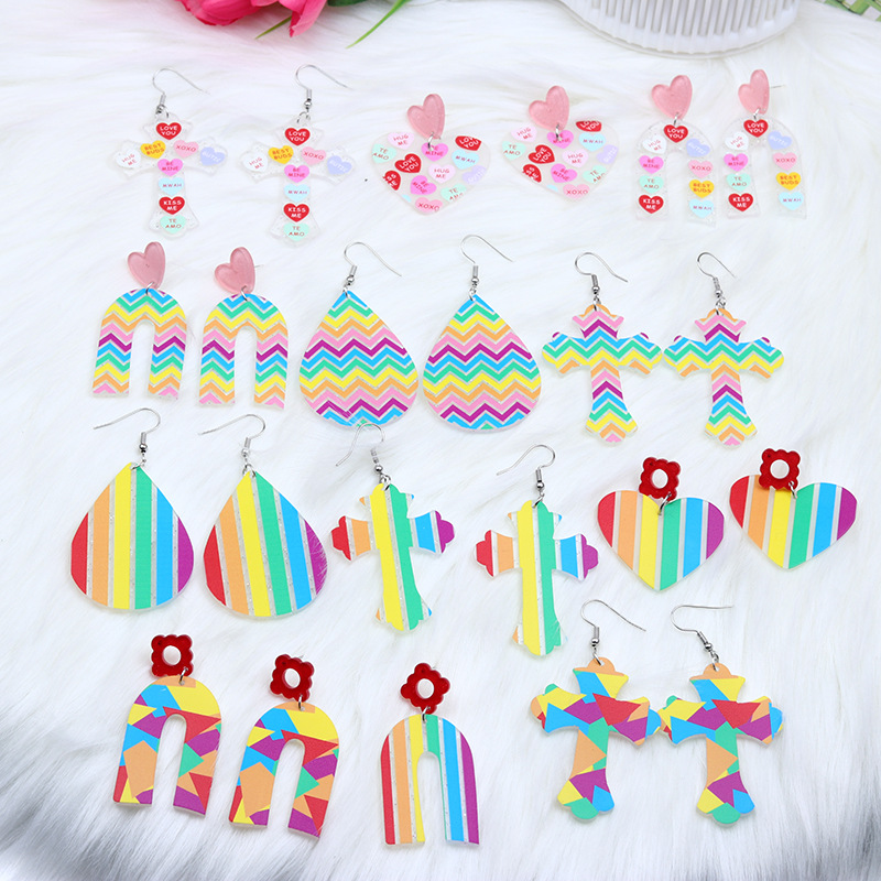 Wholesale Acrylic Printed Stitching Color Block Striped Earrings