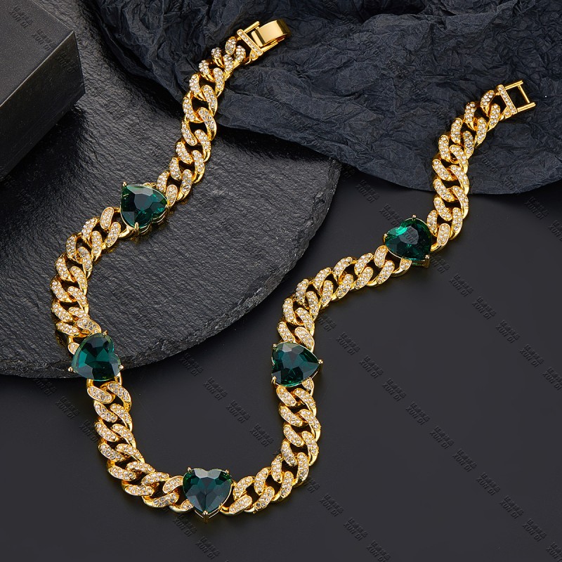 Wholesale Full Diamond Love Alloy Zircon Emerald Trend Cuban Chain Necklace