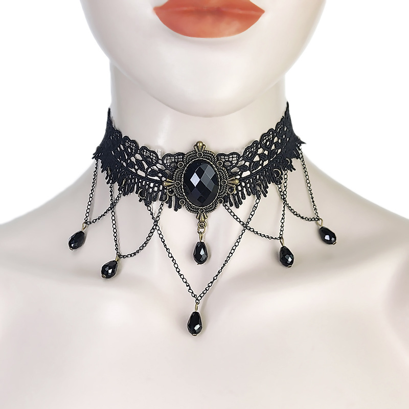 Venta Al Por Mayor Gótico Punk Baile Negro Encaje Cristal Borla Collar Femenino