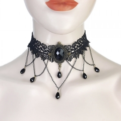 Wholesale Gothic Punk Ball Black Lace Crystal Tassel Women Collar