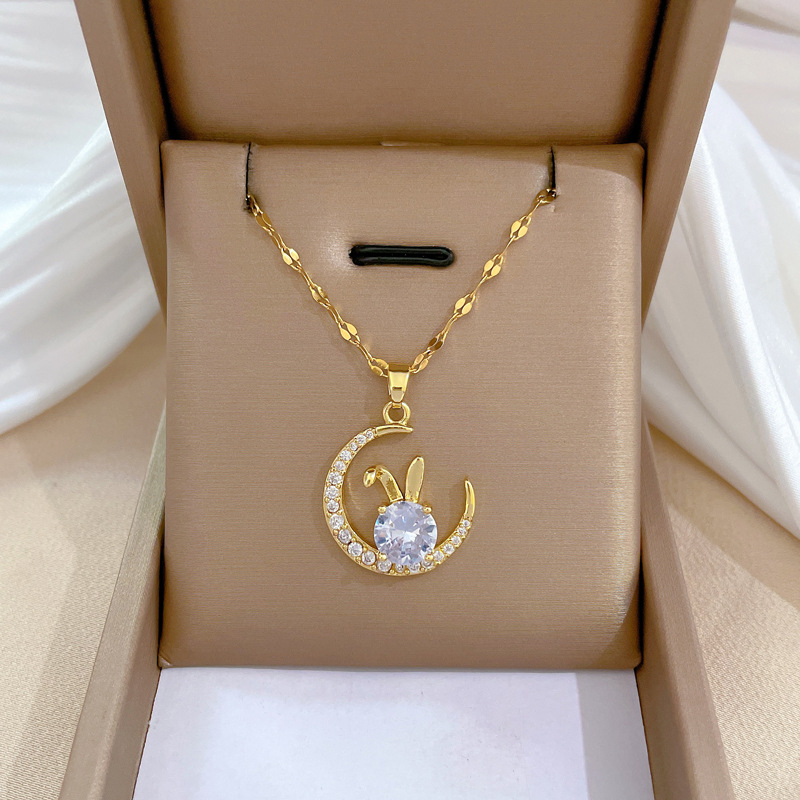 Wholesale Titanium Steel Moon Rabbit Head Full Diamond Luxury Pendant Necklace