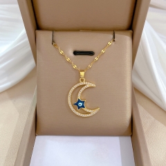 Wholesale Titanium Steel Star Moon Full Diamond Luxury Necklace