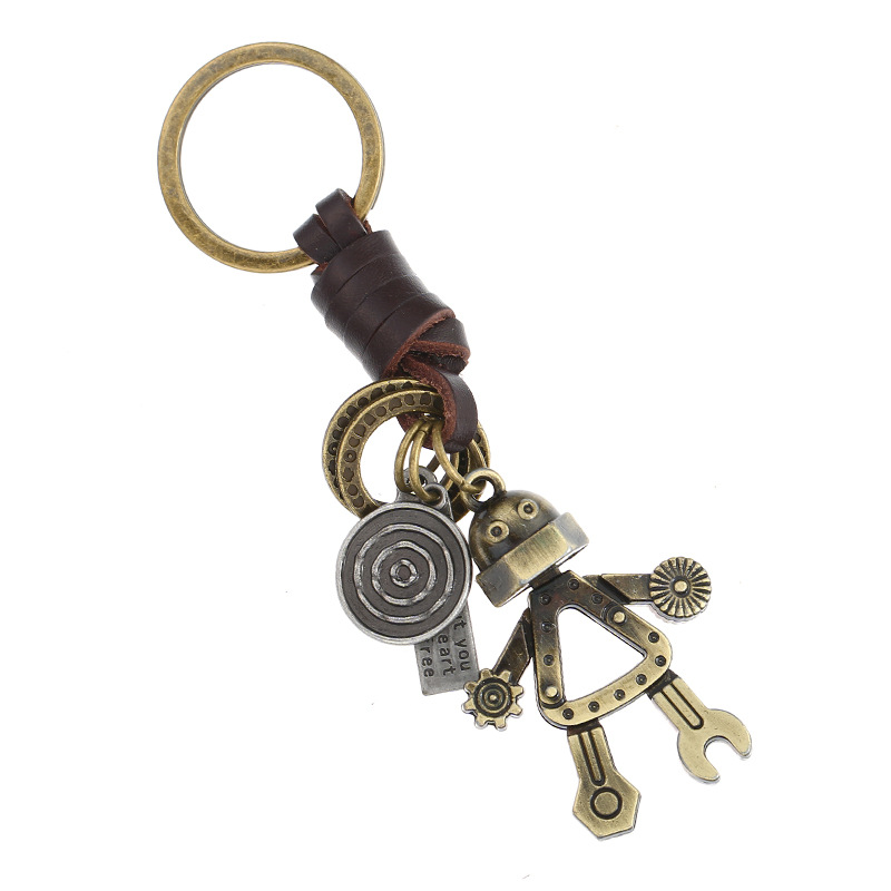 Wholesale Retro Woven Cowhide Simple Personality Cute Robot Keychain