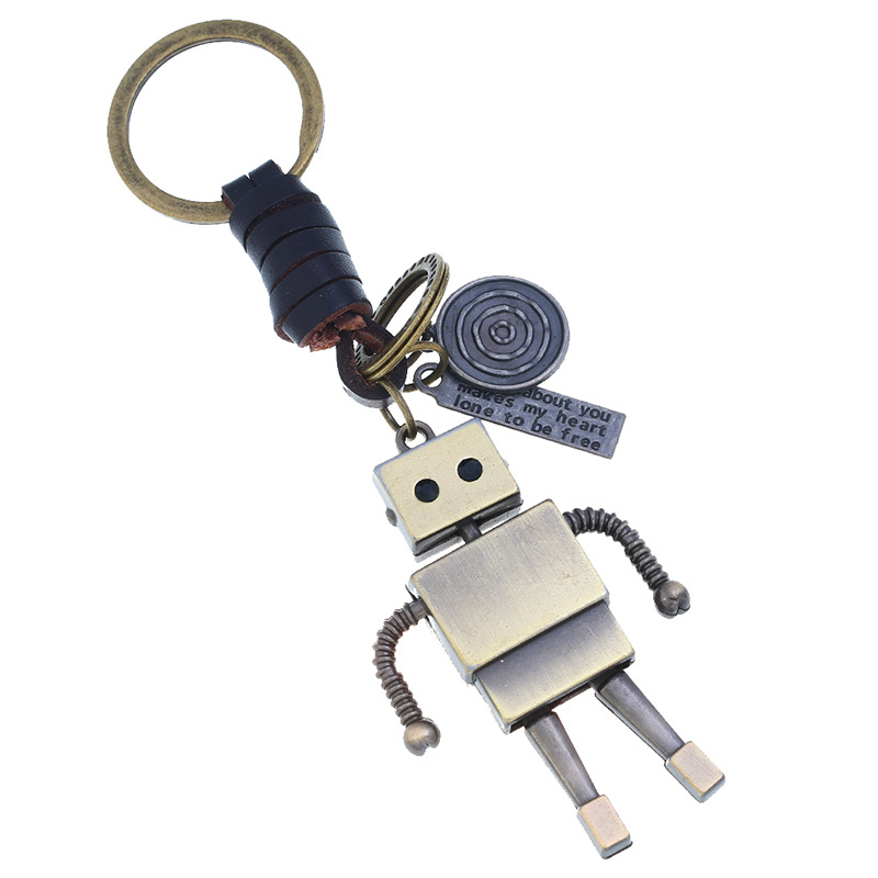 Wholesale Hand Woven Leather Alloy Robot Retro Cowhide Keychain