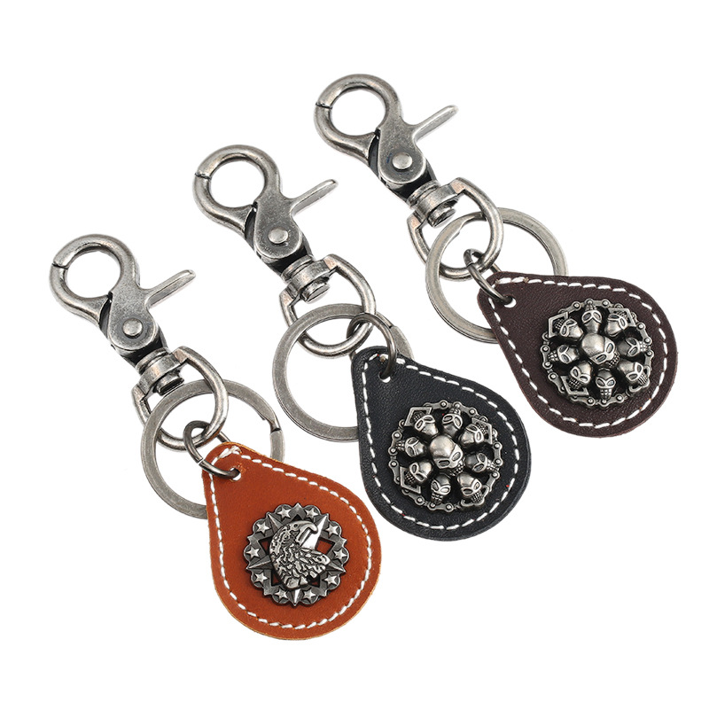 Wholesale Retro Men's Alloy Skull Cowhide Keychain