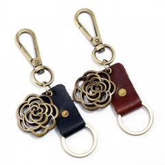 Wholesale Bronze Round Flower Cowhide Keychain