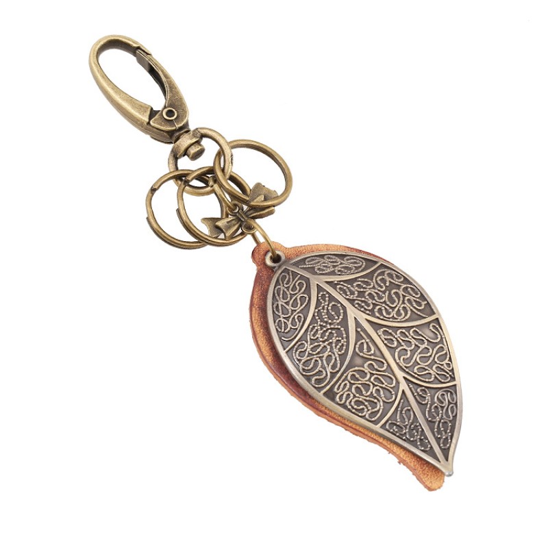 Wholesale Simple Retro Punk Bronze Big Leaf Cowhide Keychain