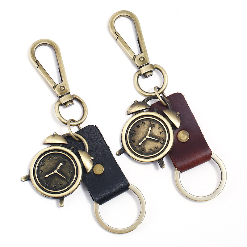 Alloy Pendant Retro Alarm Clock Cowhide Keychain Supplier