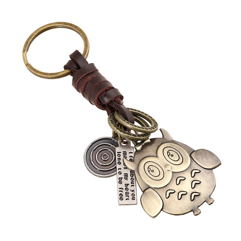 Wholesale Vintage Braided Cowhide Bronze Owl Pendant Keychain