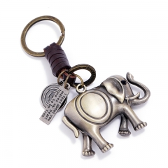 Wholesale Vintage Creative Hand Woven Alloy Elephant Pendant Cowhide Keychain