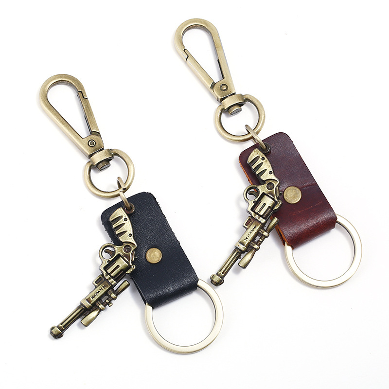 Wholesale Vintage Cowhide Alloy Gun Genuine Leather Keychain