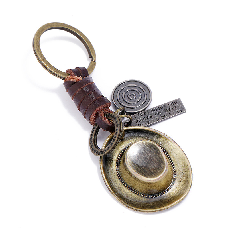 Wholesale Handmade Woven Vintage Alloy Cowboy Hat Cowhide Keychain