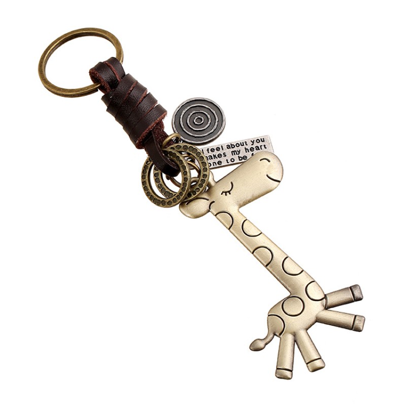 Wholesale Vintage Cowhide Bronze Cute Giraffe Leather Keychain