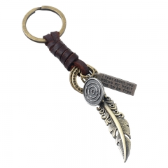 Proveedor De Llavero De Plumas De Bronce Colgante De Piel De Vaca Tejida Vintage