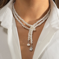 Wholesale Vintage Imitation Pearl Drop Diamond Beaded Braided Double Layer Necklace