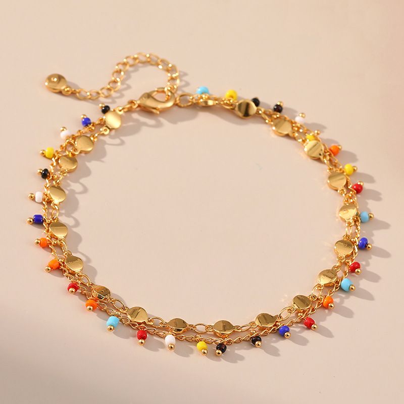 Wholesale Bohemian Summer Plated 18K Real Gold Colored Millet Beads Double Anklet