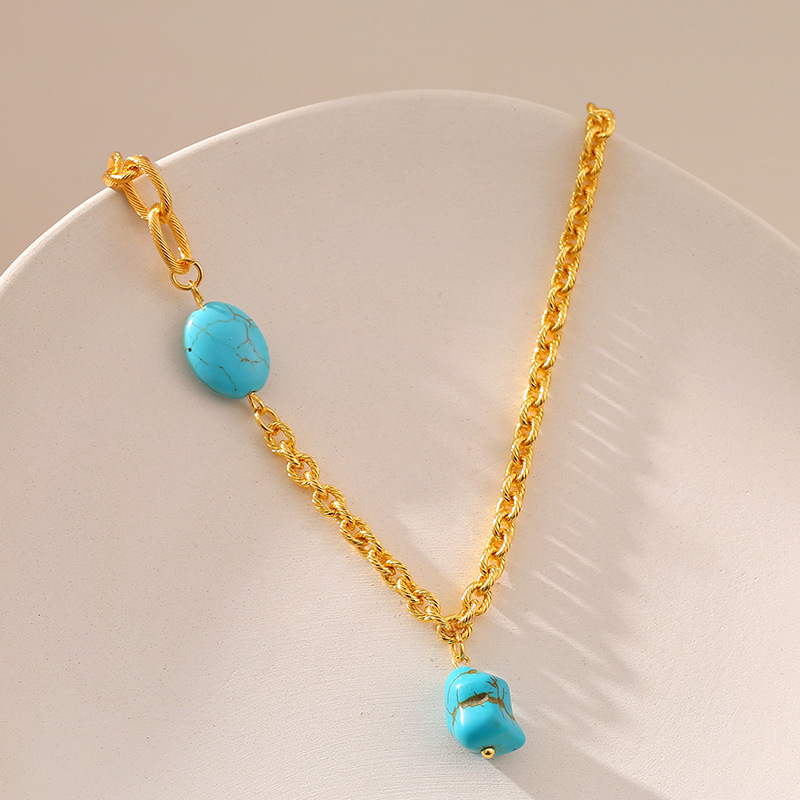 Wholesale Brass Plated 18K True Gold Irregular Turquoise Vintage Necklace