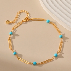 Wholesale Copper Plated 18K Real Gold Turquoise Beaded Bohemian Colored Zircon Anklet