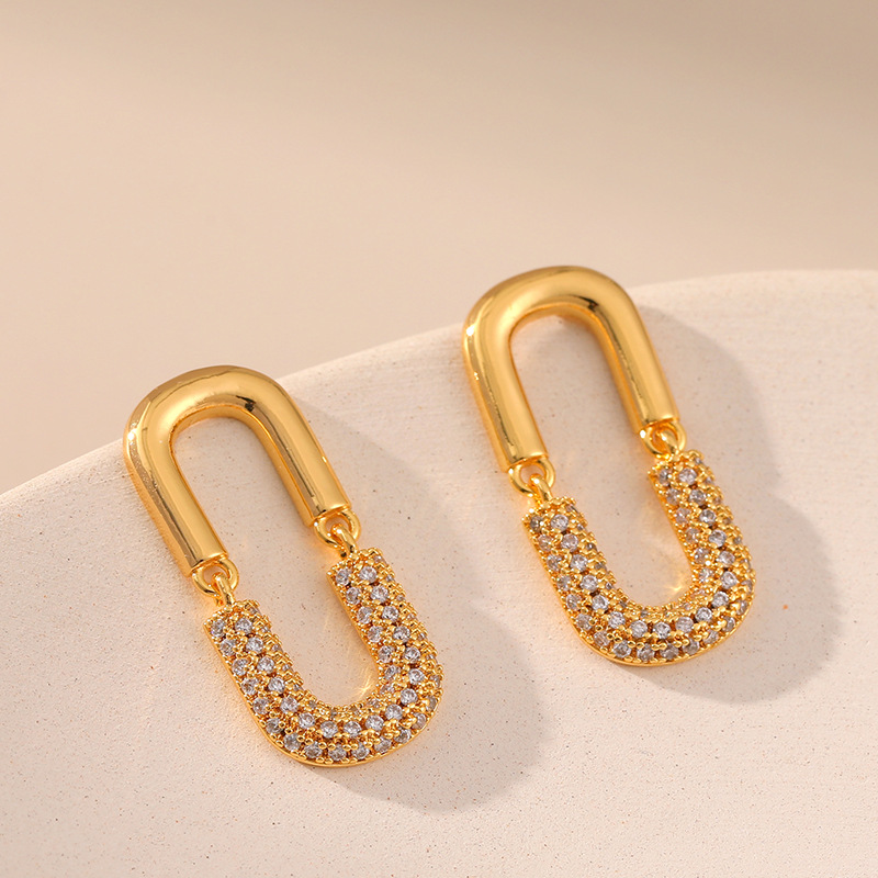 Wholesale U-shaped Stitching Set Zircon Copper Plated 18K Real Gold Earrings