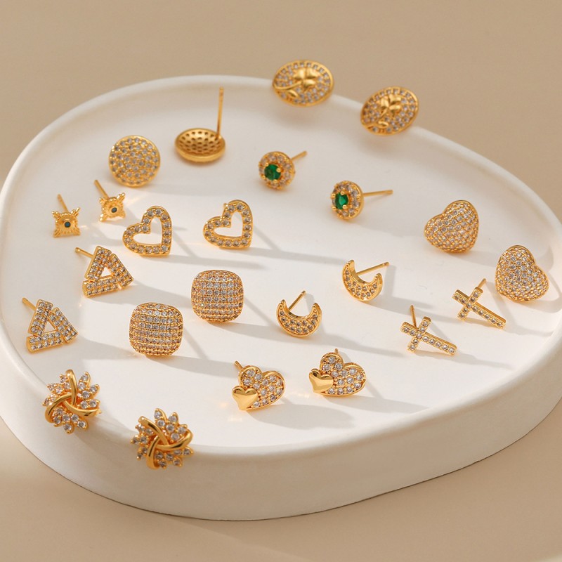 Wholesale Inlaid Zircon Heart Cross Plated 18K Gold Earrings
